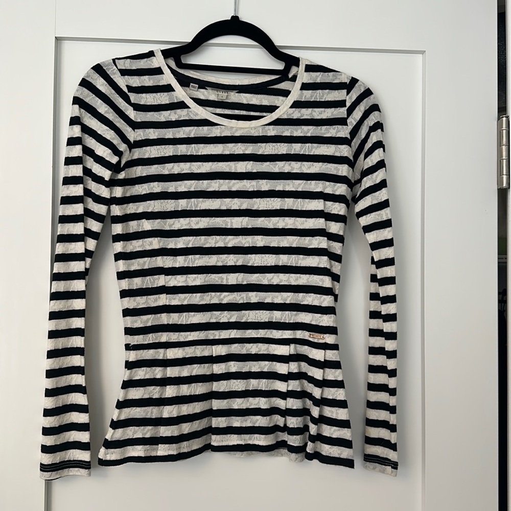 GUESS Long Sleeved Black & White Striped Peplum Shirt, Size Small